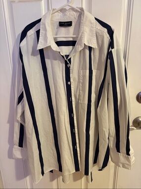 Lane Bryant White and Navy Vertical Stripe Button-Up Shirt